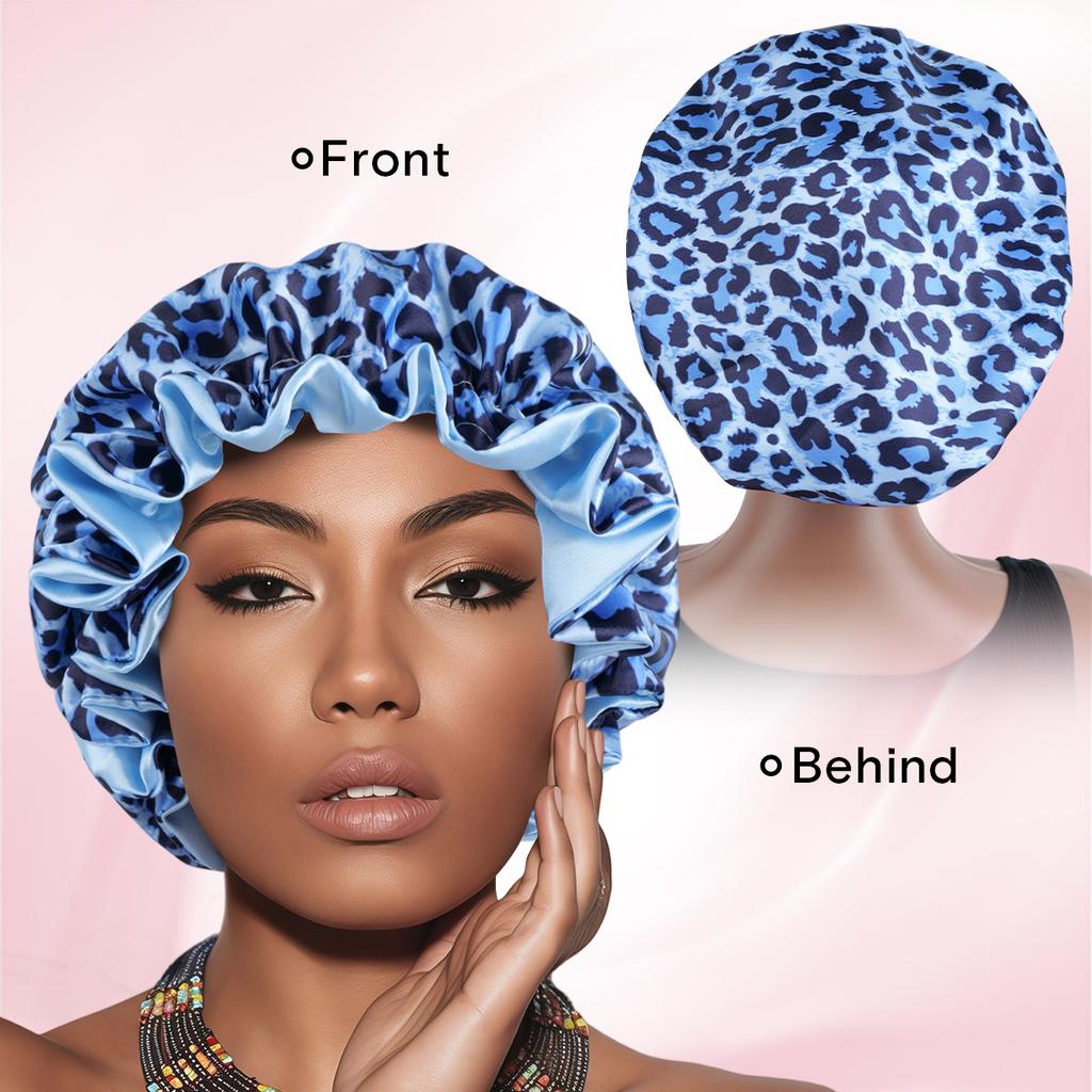 1PC Hair Bonnet Printed Leopard Double Layer Satin Splicing Hair Bonnet For Sleeping For Curly And Straight Hair