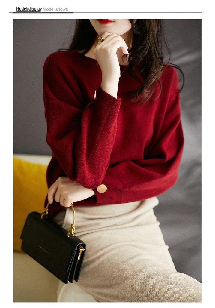 Retro Red Women's Knit Long Sleeve Top - Autumn/Winter Korean Style, Loose Round Neck Sweater