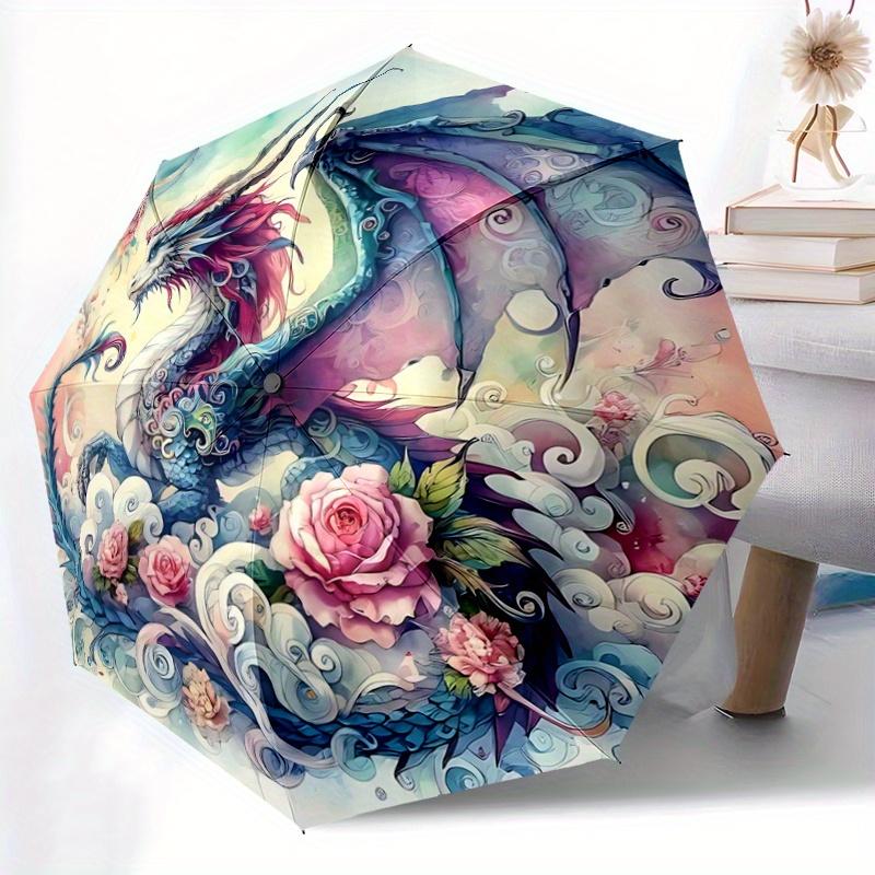 1pc Fantasy Dragon Floral Folding Umbrella: Auto-Open Close, Portable 3-Fold Design, 8-Bone Iron Frame, Outdoor, Perfect Festival Gift for Fans,