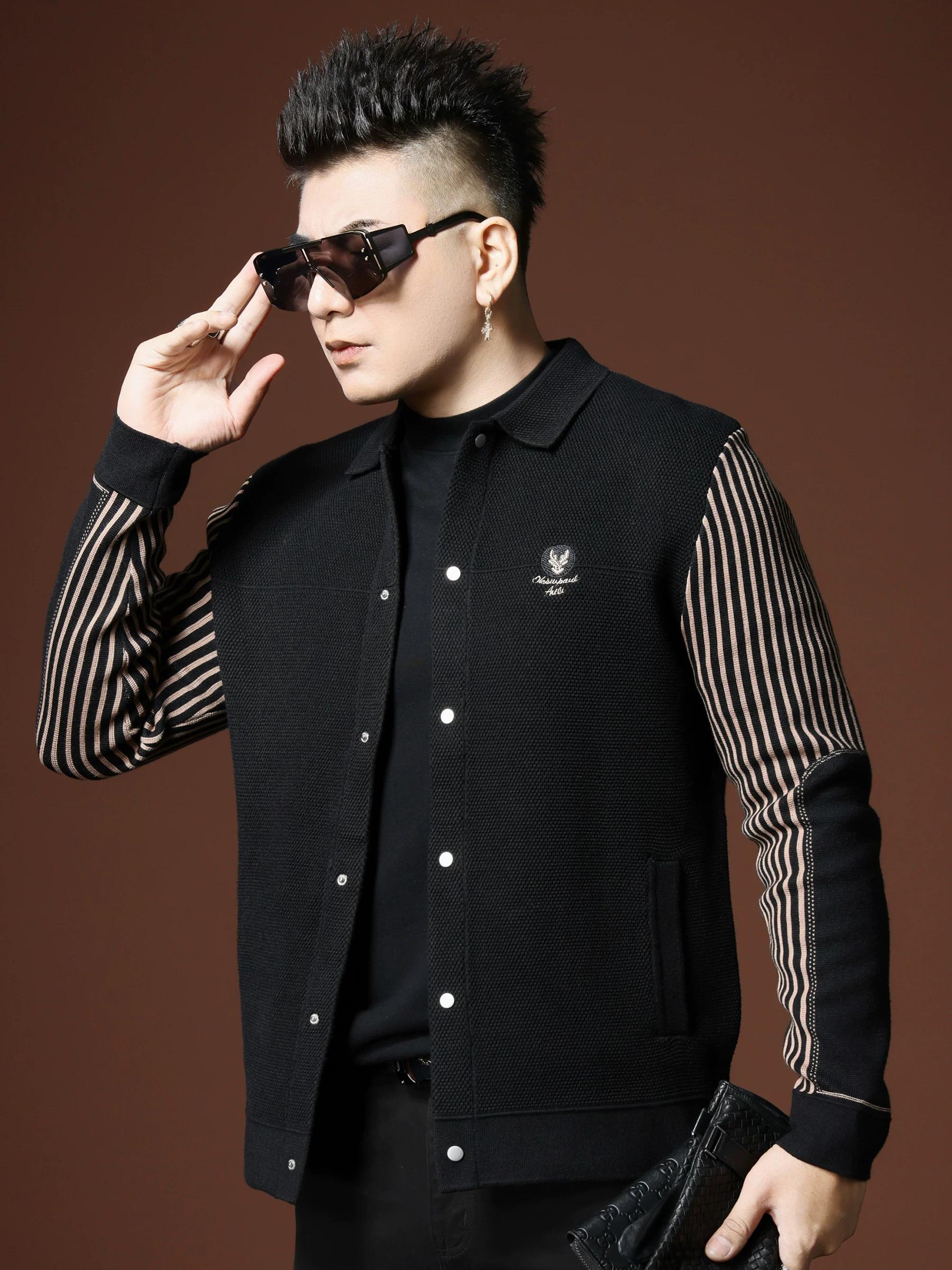 

European Style 2025 Autumn New Lapel Jacket Men s Fashion Brand Deer Head Embroidery Knit Coat Men s Casual Top L чёрный/белый