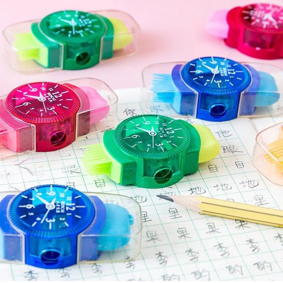 6Pcs Student Pencil Sharpener 3 In 1 Watch Shape Random Colors Pencil Cutter with Reel Eraser Brush