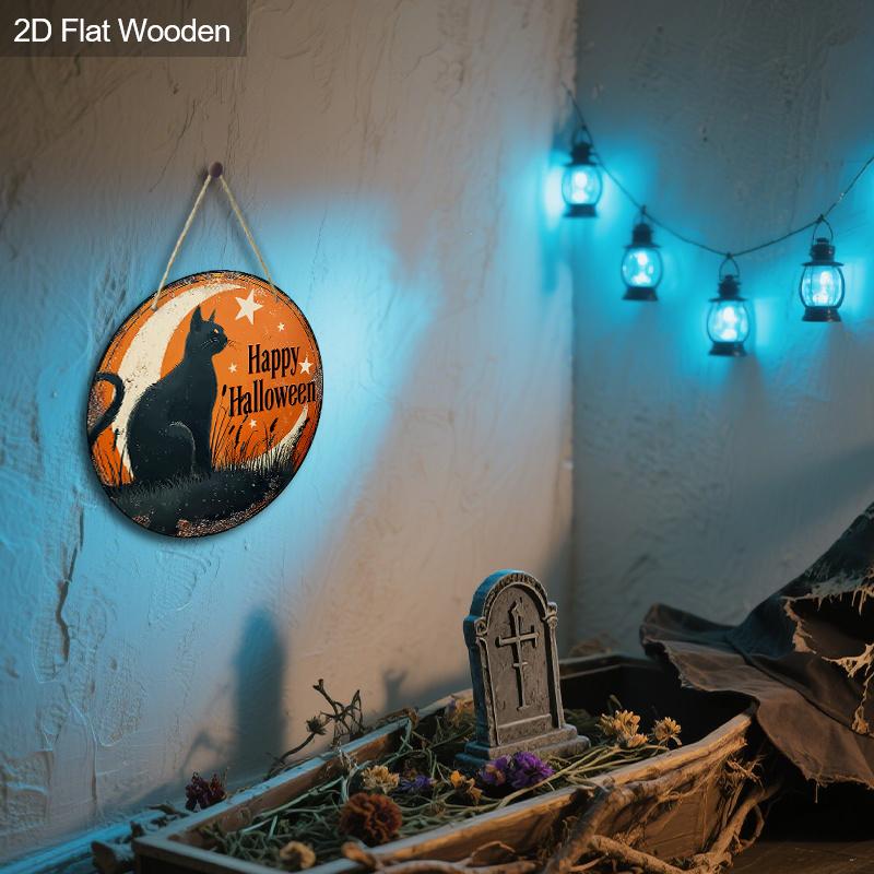 Wesołego Halloween Drewniany Znak ze Wzorem Czarnego Kota - Figurki Ozdobne ze Wzorem Półksiężyca i Gwiazdy - Idealne na Drzwi Wejściowe, Podwórko, Ganek, Dekoracja Pokoju