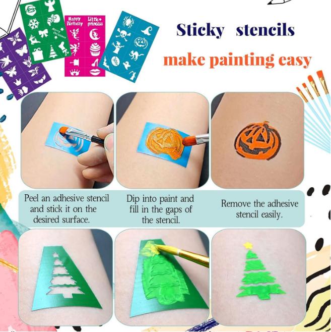 Face Paint Palette, Halloween and Easter Face Painting Makeup, Bright Colors, Quick Drying, Glitter, Gradient Effects & Stencils