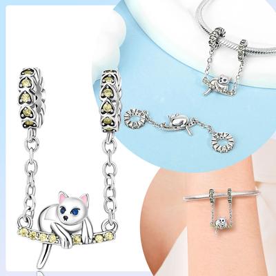 Charms Plata Silver Colors Cat Safety Chain Pendant Fit Bracelet DIY Fine Jewelry Gift for Women