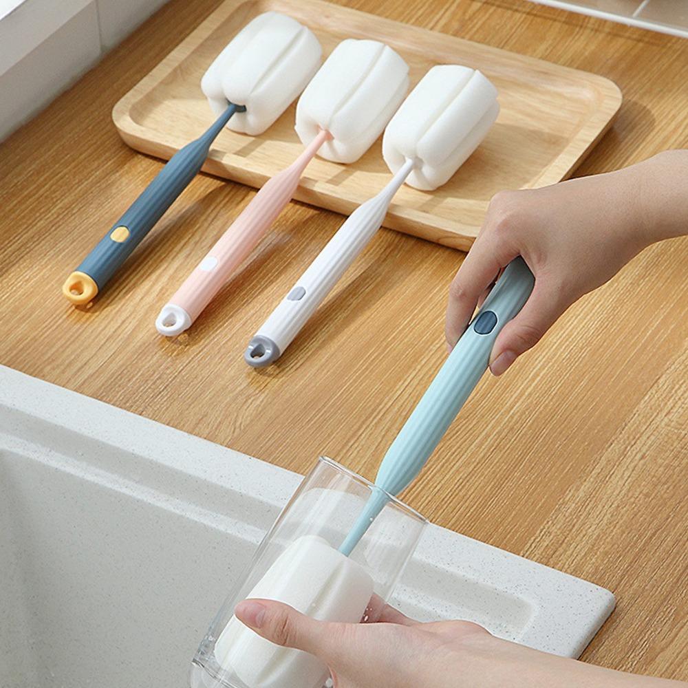 2pcs Long Handle Design Sponge Bottle Brush Sponge Head Cup Washing Brush Stain Removal