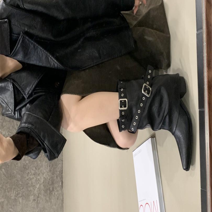2025 New Retro Pointed Thin Boots Belt Buckle Thin But Knee Pile Boots Women's Versatile Thick Heel Mid Boots