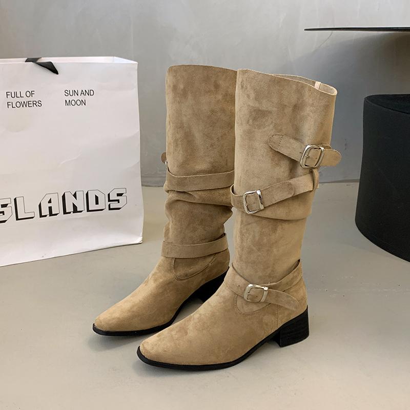 Winter Hottie Pleated Women Western High top Fashion Belt Buckle Slip on Concise Thick Heel Knight Long Booties