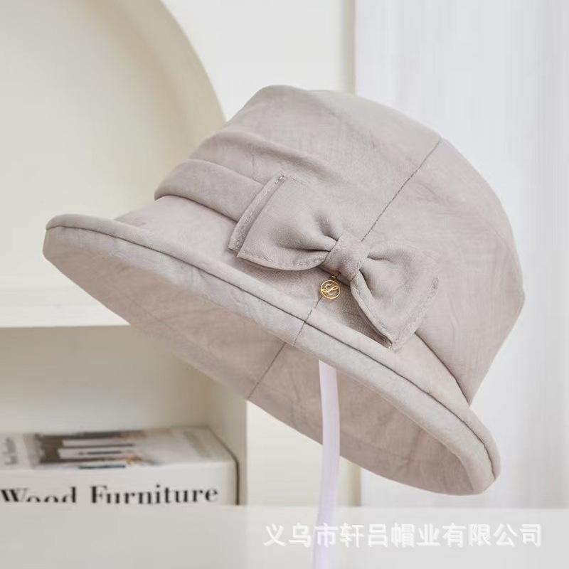 New rolled brim bow decorative temperament bucket hat women's summer literary and leisure sun protection sun hat