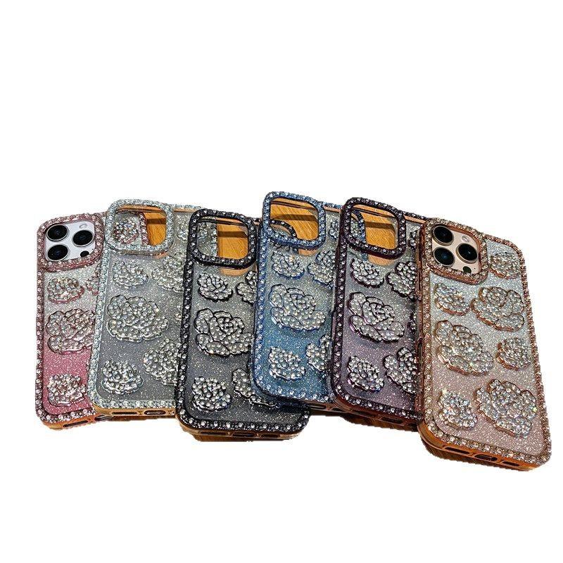 Applicable To IPhone16ProMax Rose Mobile Case Inlaid with Rhinestones Apple 15 Luxury Electroplating 14 Protective Case
