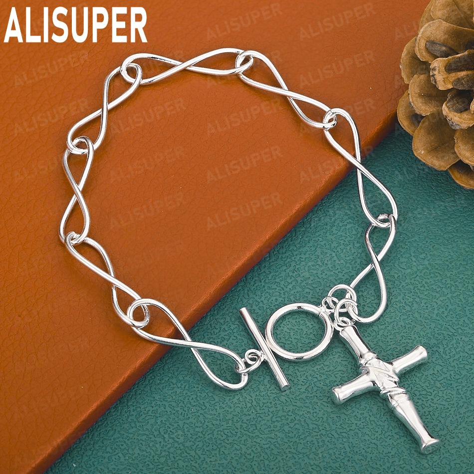 925 Sterling Silver Simple Cross Side Chain Bracelet - Powerful Gift Jewelry 20CM