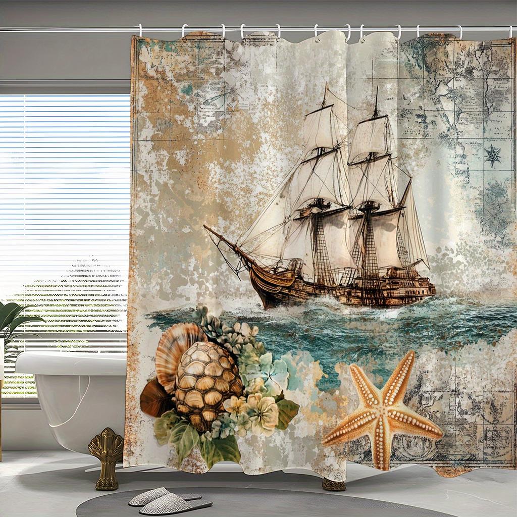 1 x Vintage Nautical Sailboat Era Digital Print Shower Curtain, Polyester with Hook, Machine Washable, Woven Texture