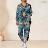Women Plus Size Black Brown Printed Nurse Scrub Set V Neck Long Sleeve Top With Pockets And Long Pants