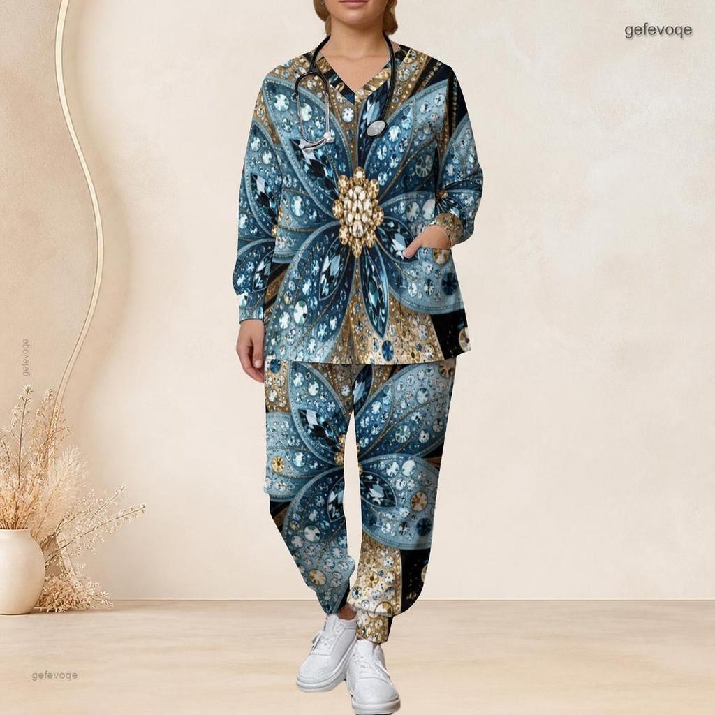 Women Plus Size Black Brown Printed Nurse Scrub Set V Neck Long Sleeve Top With Pockets And Long Pants