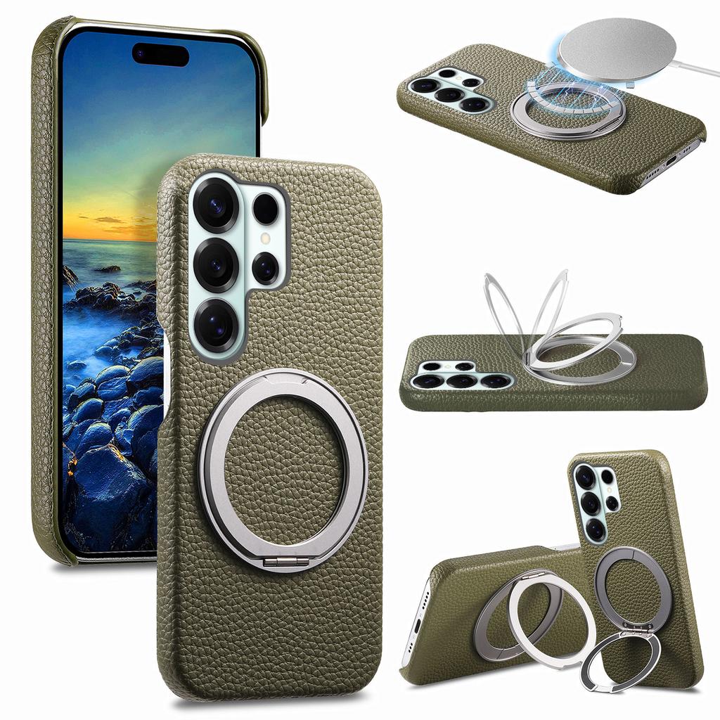 360 Rotating Magnetic Kickstand Lychee Grain Leather Phone Case For Samsung S26 Ultra S25 S24 Plus S23 S22 A17 A07 A57 A37 Cover