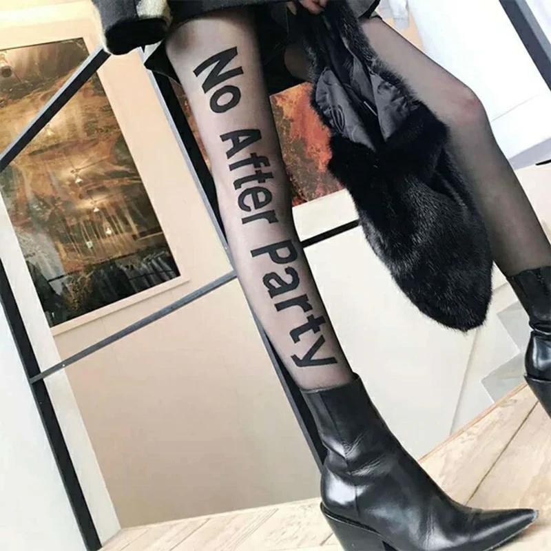Gothic Punk Letter Printed Tights Ultra Thin Transparent Silk Medias De Mujer Fake Tattoos Pantyhose Pole Dance Clubwear