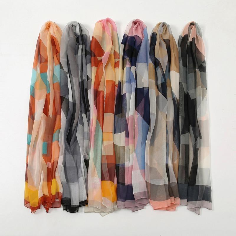 New Georgie yarn splicing color plaid silk scarf women, spring and summer high-quality chiffon festive gifts