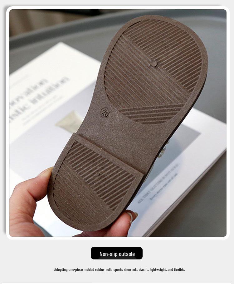 Cherry Leather Bowknot Princess Shoes for Girls - Soft Sole Pearl Trim Flats