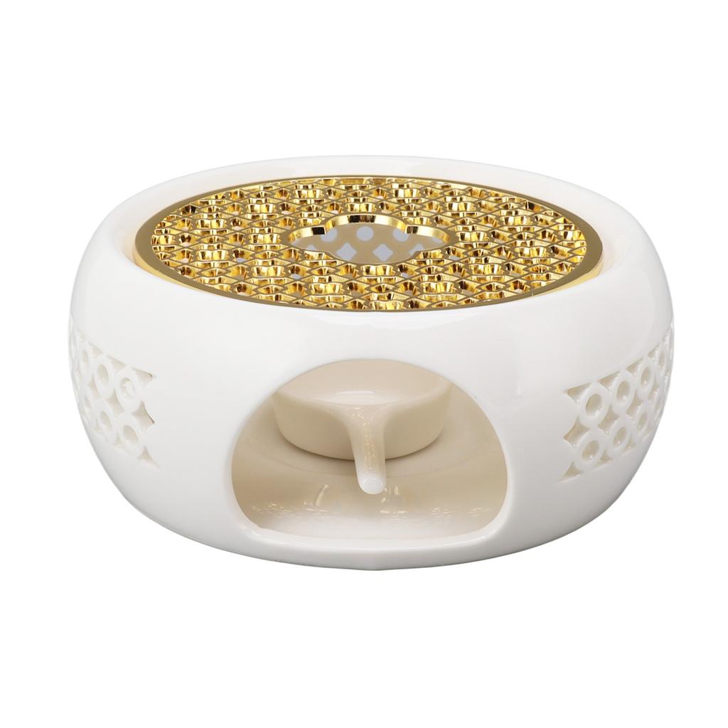 Porcelain Teapot Heater Hollow Frame Round Teapot Warmer Base with Alloy Cushion and Candle Holder