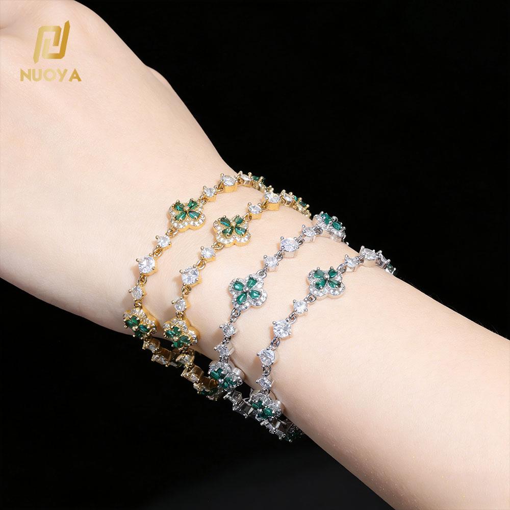 NUOYA Fashion Jewelry Green Four-Leaf Clover Chain Bracelet Flower Design Setting Bling Zircon Fine Chain Bracelet for Women