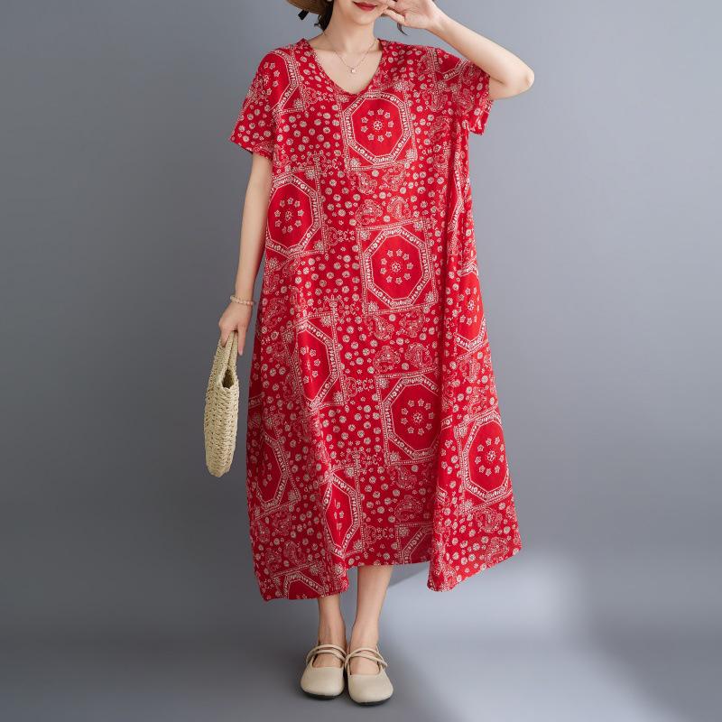 

2026 Summer Floral V-neck Travel Dress: Retro Style, Cotton Linen, Irregular Long Cut Plus Size