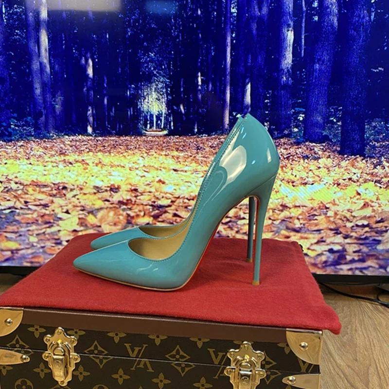 Fashion Multi colored d 12cm super high heels in pink and white patent leather, sexy and fashionable pointed thin single shoes