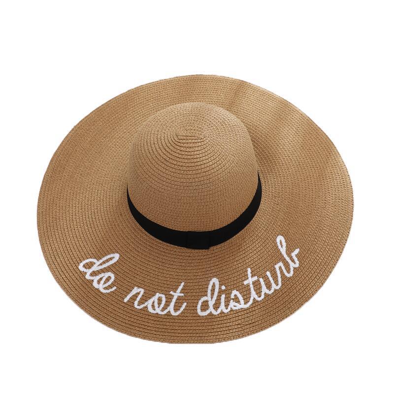 My Extreme Outdoor Activities Women's Grey Summer Wide Brim Do Not Diaturb Sun Hat Embroidery Straw Cap Floppy Foldable Roll Up Cap Beach Sun Hat Cm