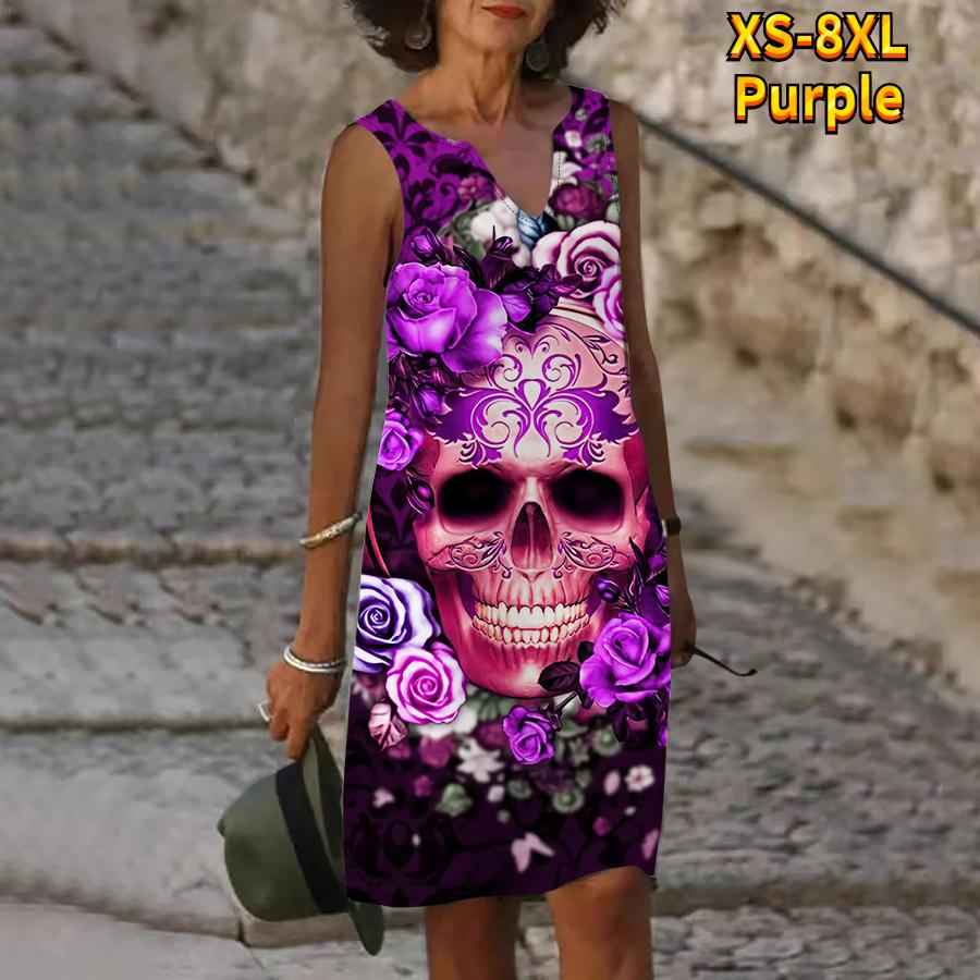 Women V Neck Summer Blue Skull Head Print Dress Casual Sleeveless Fashion Casual Loose Sexy Dresses Plus Size XS-8XL