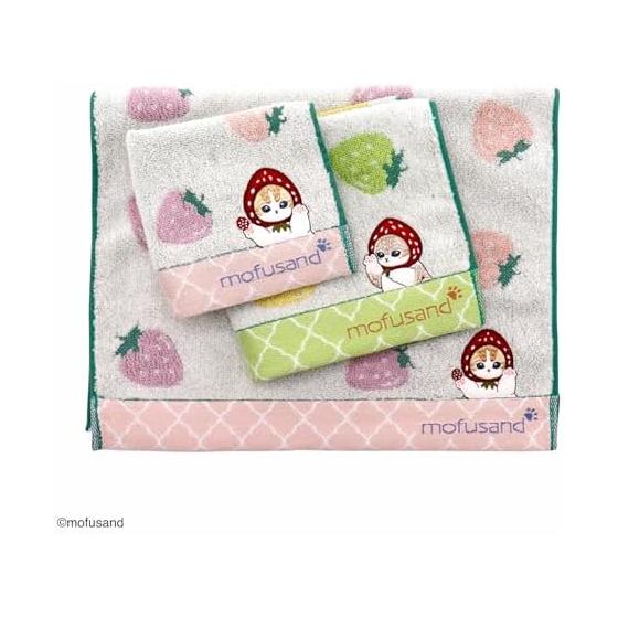 Towel Museum mofusand Strawberry Wash Towel with Loop Green Cat Cute 43-0141080 Approx. 34 x 35 cm
