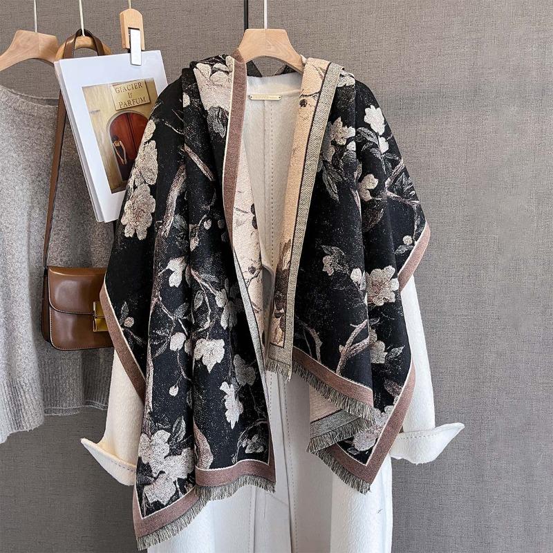 Autumn and winter new imitation cashmere plant flower print scarf women's autumn warm thickened outer shawl scarf