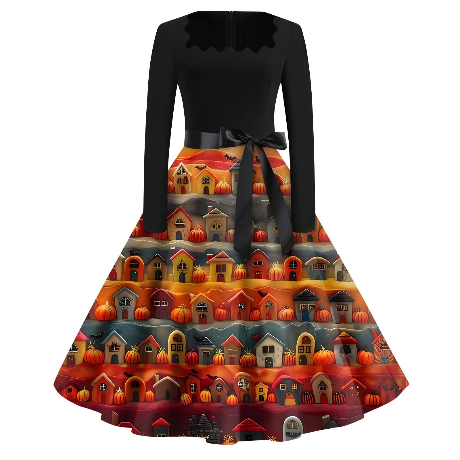 

Halloween Print Flare Dress For Women Long Sleeve Dress Hollow Party Casual Dresses L червоний