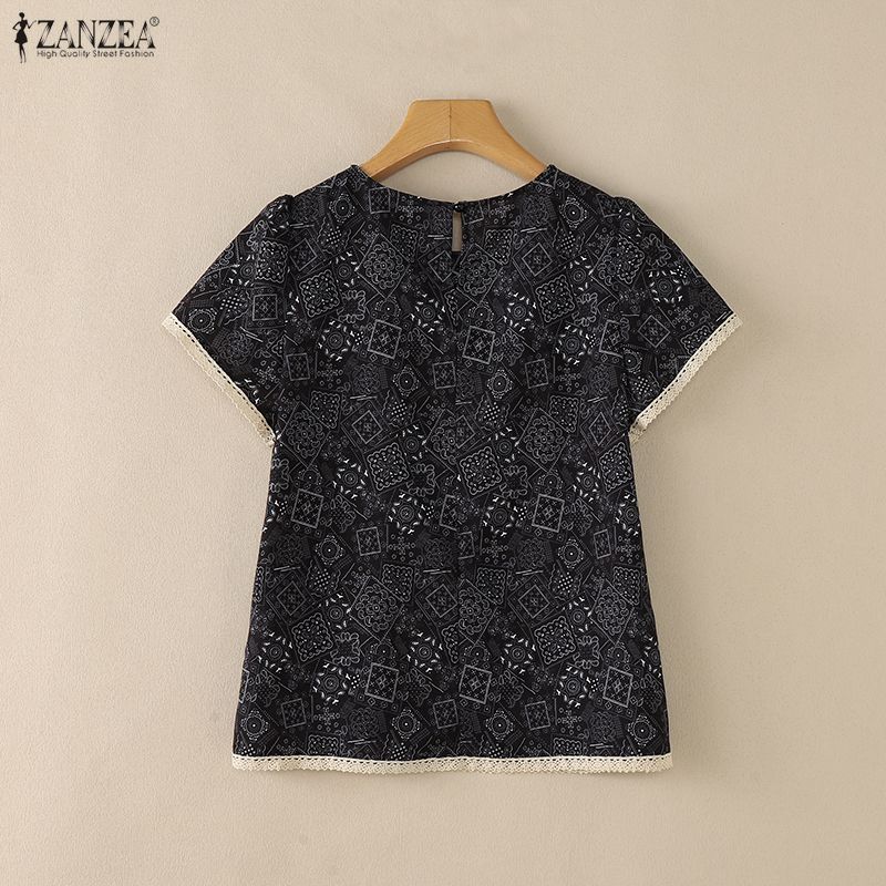 ZANZEA Women Ethnic Print Summer Casual Round Neck Short Sleeve Blouse
