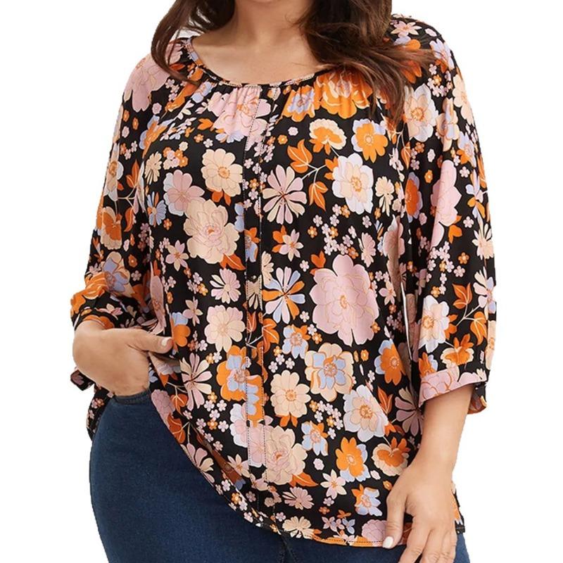 Summer New Women's Casual Fashion Loose Printed Three-quarter Sleeve T-shirt Pullover Top