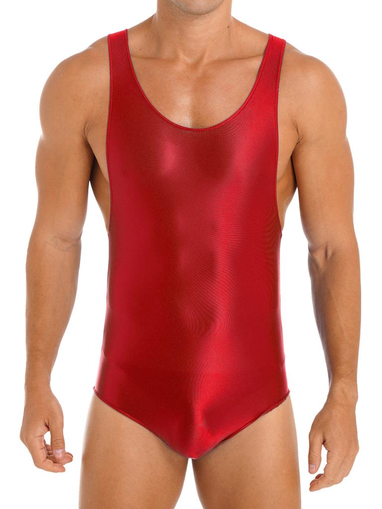 Mens Glossy U Neck Bodysuit Sleeveless Stretchy Leotard Wrestling Singlet Swim Sportswear