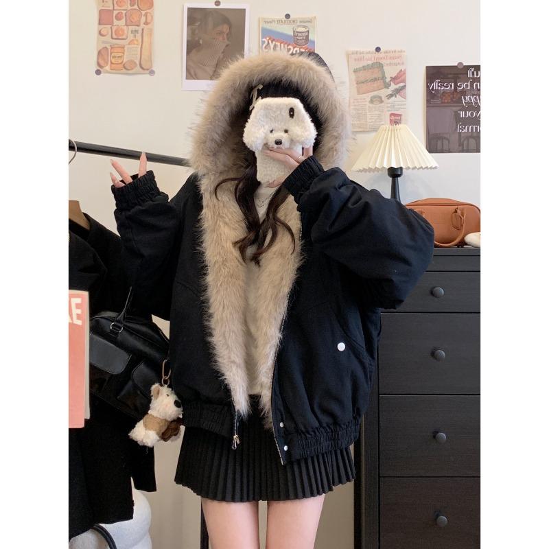 Parka Corto Invernale con Cappuccio e Grande Collo di Pelliccia Giacca Spessa in Cotone per Donna