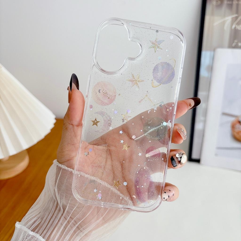 Transparent Glitter Gradient Planet Star Case For iPhone 17 Air 16 15 14 13 12 11 Pro Max Plus Shockproof Shiny Moon Clear Cover