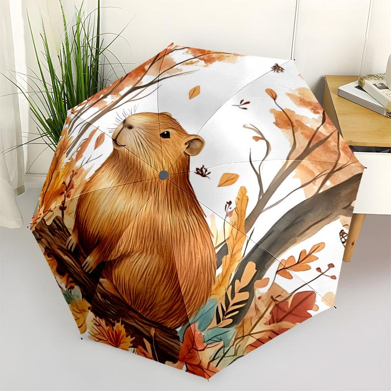 

1pc Capybara, Autumn Leaves Automatic Umbrella - Stylish, Durable, with 8-Rib Manual Open Design, Elegant Black Handleyy250920212