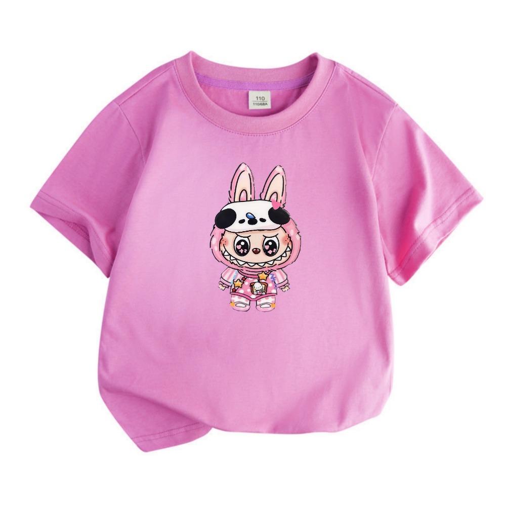 

2025 Popular Children s Clothing Short Sleeved LABUBU Wearing Pajamas Pattern Round Neck T-shirt Cartoon Style Girl s Top 100