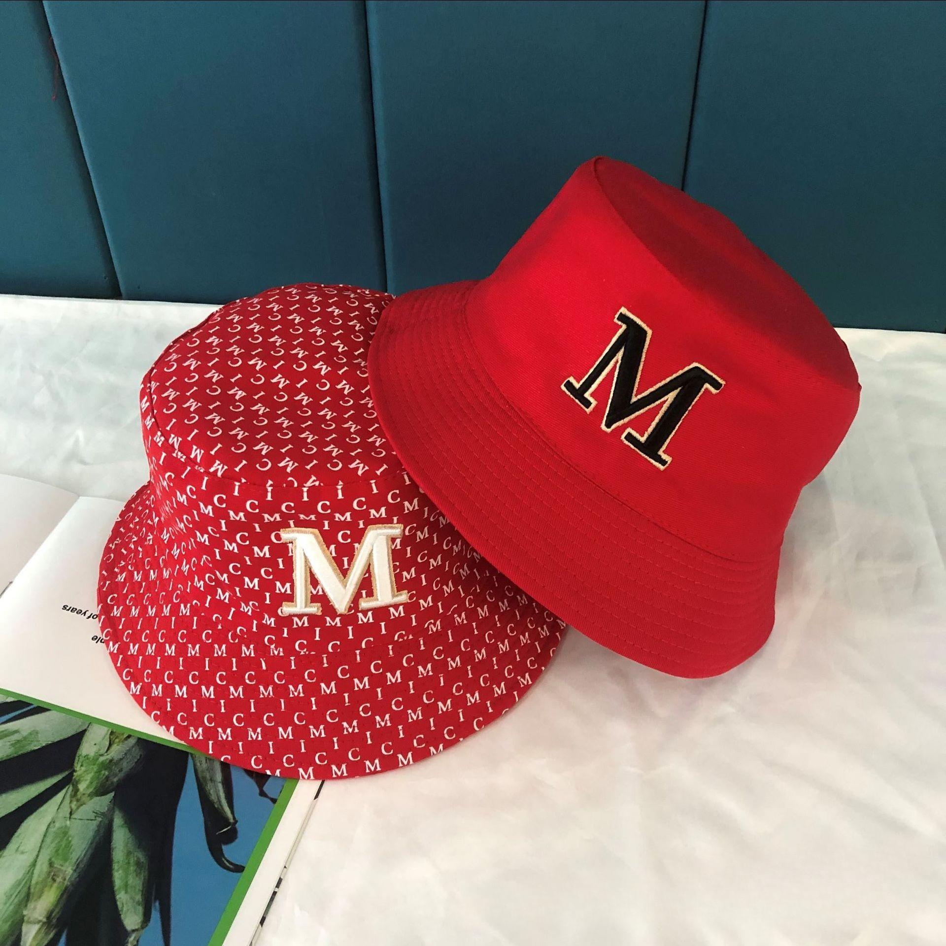 Monogram Pattern Bucket Hat with Embroidered  M  Logo Luxury Sun Protection Hat M（56-58cm） красный