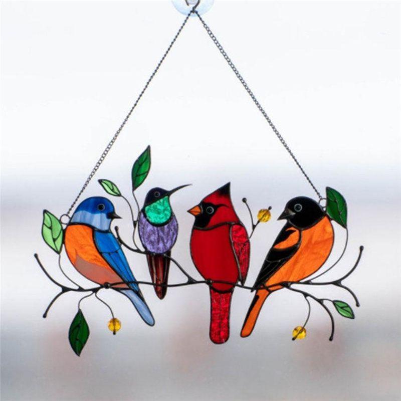 Vibrant Stained Glass Birds-on-a-wire Suncatcher For Happy Homes