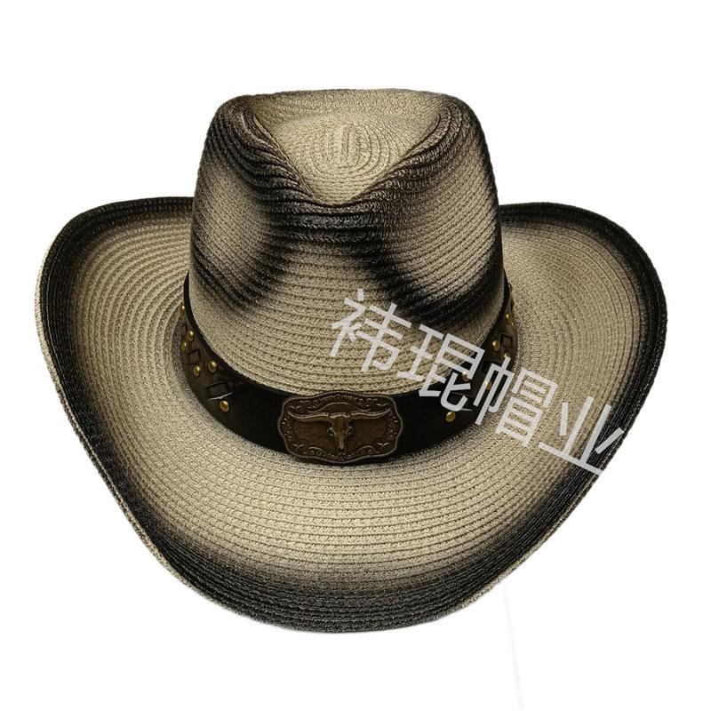 New cow head decorative belt, western denim straw hat, men's and women's outdoor sunscreen hat, European and American fashion hat