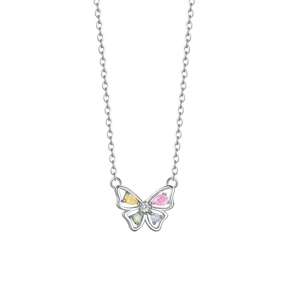 925 Sterling Silver Korean Sweet Colored Zircon Butterfly Pendant Necklace for Women Wedding Party Jewelry