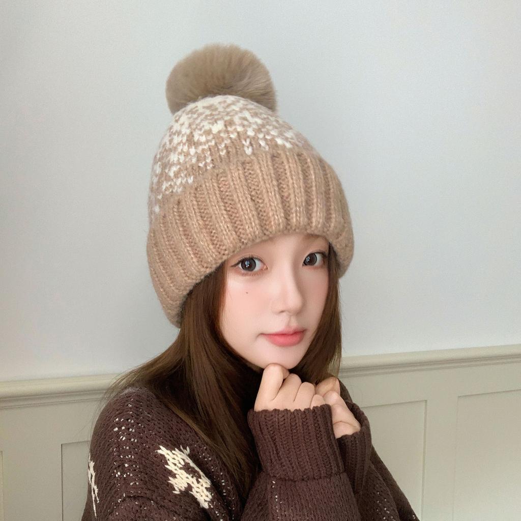 Jacquard Knitted Hat Autumn Winter Beanie Women's Hat, Outdoor Cycling Plush Lining Warm Wholesale