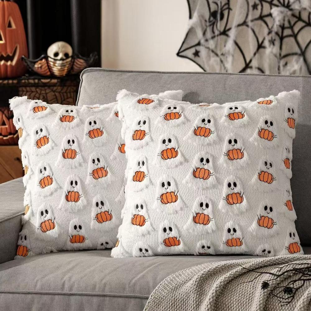 Square Throw Pillow Cover Ghost with Pumpkin Cushion Covers Plush Pillow Case  Halloween Decor