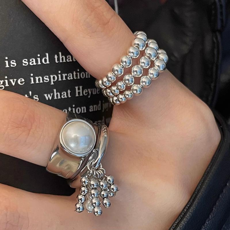 925 Sterling Silver Geometric Pearl Rings For Women Men Simple Korean Fashion Open Adjustable Handmade Ring Couple Gifts