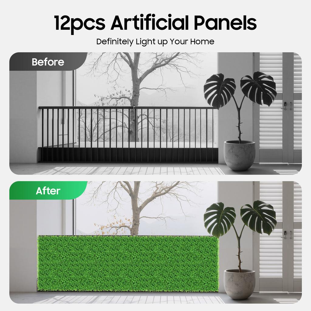 12 Pcs Artificial Boxwood Hedge Panels, UV Protected Outdoor Indoor Privacy Fence Screen, 40x60cm Green Grass Wall
