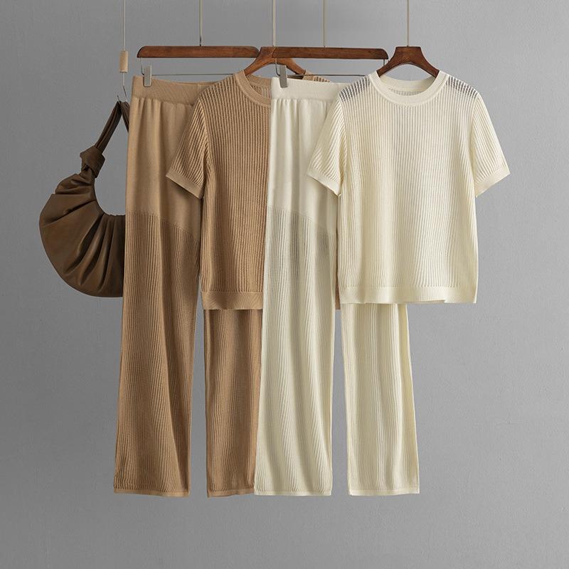 Summer Casual Fashion Versatile Round Neck Solid Color Short-sleeved Loose Knitted Hollow Wide-leg Pants Two-piece Set