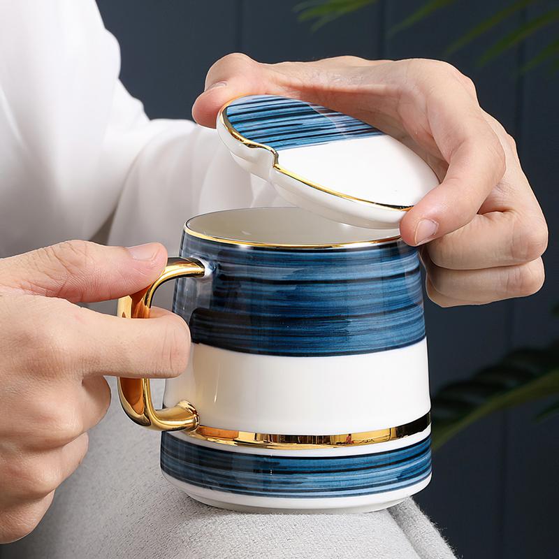 Coffee Cup &Saucer With Lid Spoon Set Blue Phnom Penh Waterware Nordic Ceramic Mug Holiday Wedding Gifts Home Kitchen Drinkware