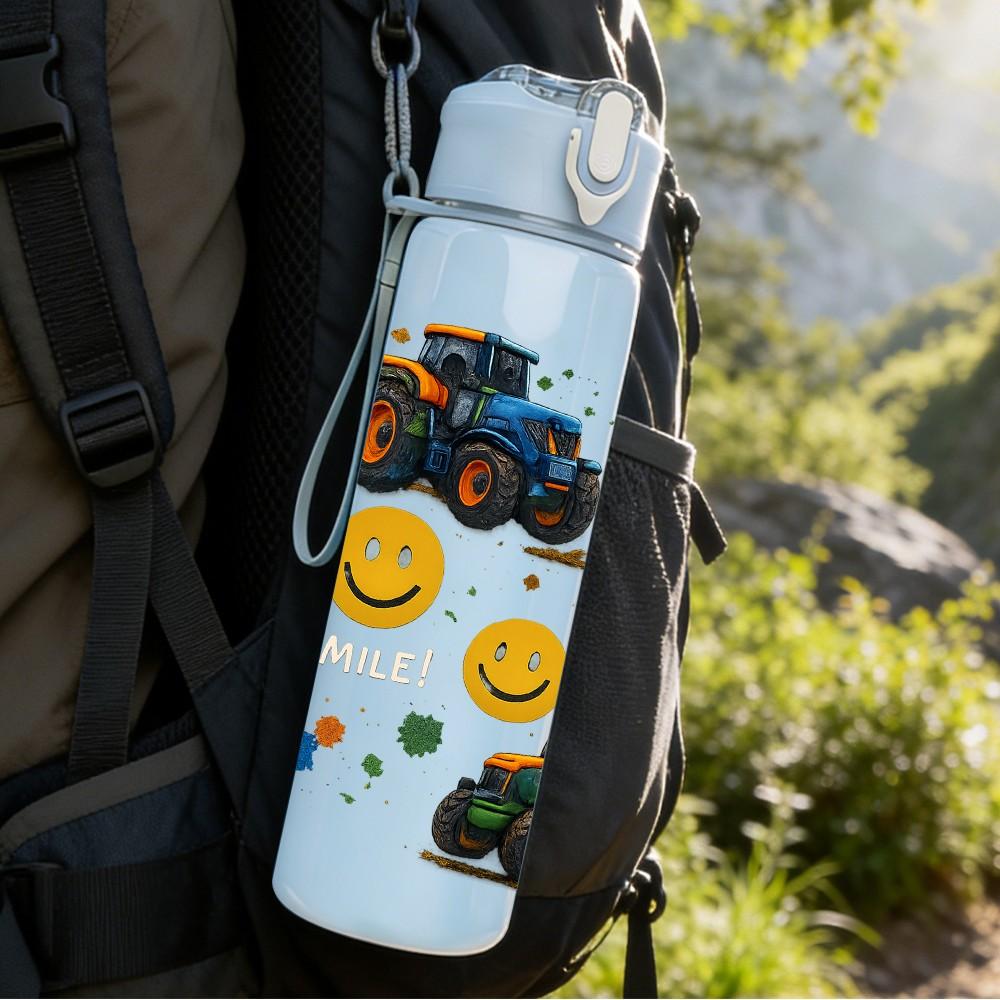 1PC Smiley Face Tractor Pattern 750ml Color Plastic Sports Water Bottle Leakproof Flip Straw Lid Suitable for Sports Office Home Use