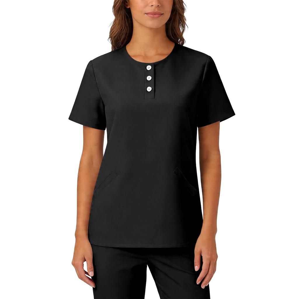 Womens Stretchy Quick Dry V Neck Short Sleeve Top with Pockets Button Front Uniform Blouse for Healthcare Hospitality Service