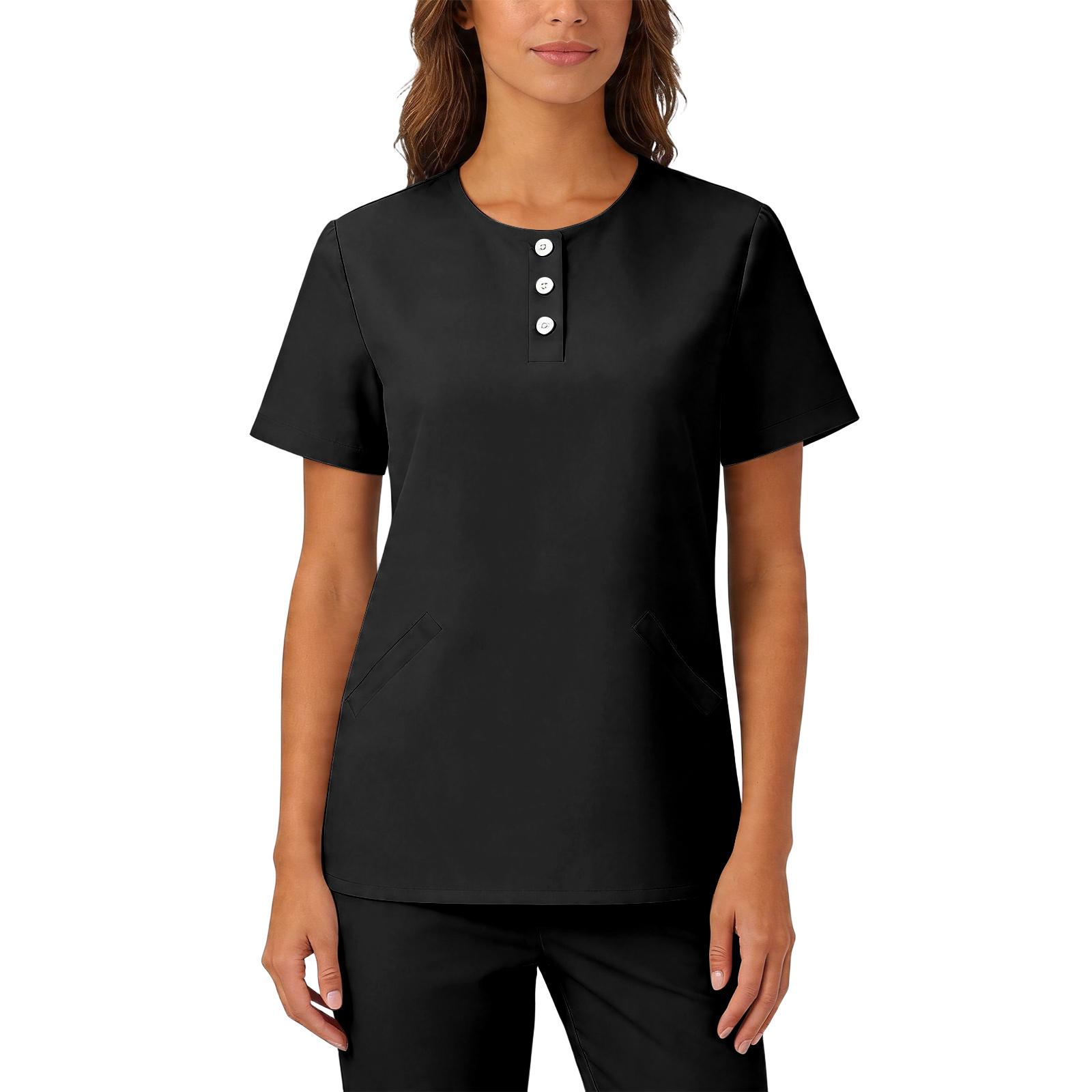 

Women s Elastic Quick-Drying V-Neck Pocket Short-Sleeve Caregiver Work Uniform L чёрный